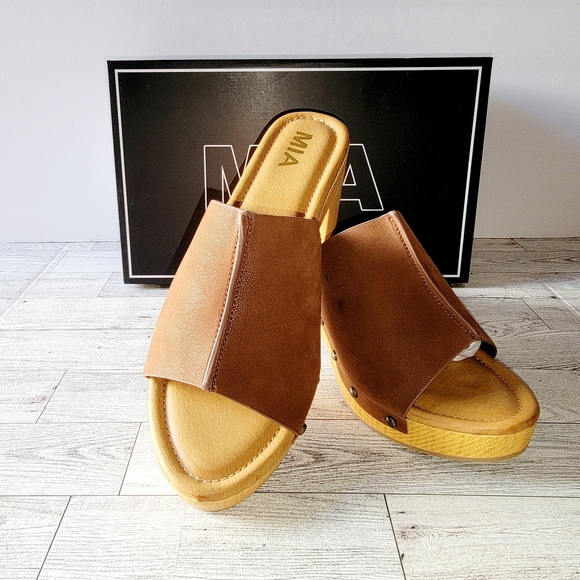 Mia Chunky Wood Bottom Open Peep Brown Casual Summer Sandals Women 9 - Picture 2 of 11